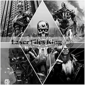 May include: Black and white collage featuring images of a cyborg robot with metallic exoskeletons. The text "Laser Files King" is overlaid on the image. The robot is depicted in various action poses.