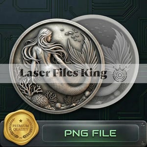 Pode incluir: Um medalhão circular de tom prateado com o relevo de uma sereia de cabelos longos e fluidos, rodeada por corais, conchas e pequenos peixes. O texto Laser Files King está centralizado, com um selo dourado e o texto PNG FILE.