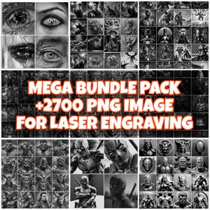 Könnte beinhalten: Eine Sammlung von Schwarz-Weiß-Bildern, darunter Porträts, Comicfiguren und Illustrationen. Der Text "MEGA BUNDLE PACK +2700 PNG IMAGE FOR LASER ENGRAVING" ist in Orange und Weiß dargestellt.
