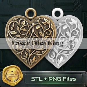 May include: Two heart-shaped pendants featuring an intricate embossed vine and leaf pattern. One pendant is metallic bronze, and the other is white. Each has a circular loop at the top. The text Laser Files King is overlaid across the center.