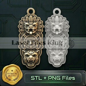 May include: Two pendant designs featuring Aztec-inspired carvings of a serpent, sun, and jaguar. The pendants are in a bronze color and a light gray color. The text "STL + PNG Files" is at the bottom of the image.