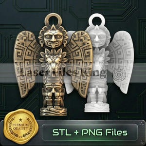 May include: Two detailed totem-style pendants. One is bronze-colored, the other white. Each features a carved face, wings, and a layered design. The text "LaserFilesKing" is partially visible. The bottom text reads "STL + PNG Files".
