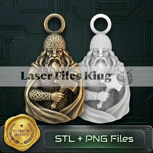 May include: Two pendants featuring a bearded warrior wearing a helmet and holding a hammer. One pendant is bronze-colored, and the other is white. Both have a circular loop at the top. The text Laser Files King and STL + PNG Files is visible.