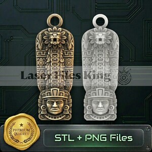 May include: Two pendant designs with Aztec-inspired carvings. One is a bronze color, the other is white. Each has a loop at the top and features a detailed face and geometric patterns. The text "STL + PNG Files" is visible.