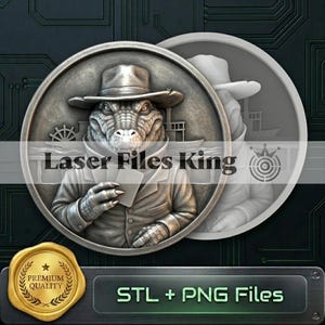 Puede incluir: Un medallón circular de tono plateado con el relieve de un caimán que lleva un sombrero fedora y una chaqueta de traje, sosteniendo cartas de juego. El diseño incluye un barco de vapor al fondo. El texto Laser Files King está superpuesto.