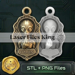 May include: Two decorative pendants featuring an alien figure with large eyes and hands near the chest, framed by ornate scrollwork. One pendant is metallic bronze, the other is white. Text includes Laser Files King, ITALIEN, and PREMIUM QUALITY.