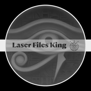 Puede incluir: Una imagen en blanco y negro de un ojo con una corona y el texto "Laser Files King" en el centro.