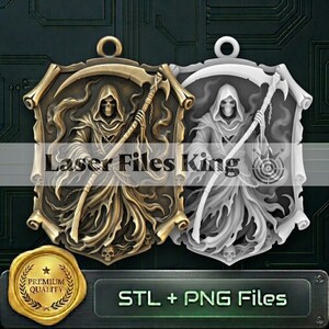 May include: Two shield-shaped plaques featuring a hooded skeleton holding a scythe, one in a metallic bronze finish and one in a matte white finish. The text Laser Files King and STL + PNG Files is visible on the image overlay and bottom bar.