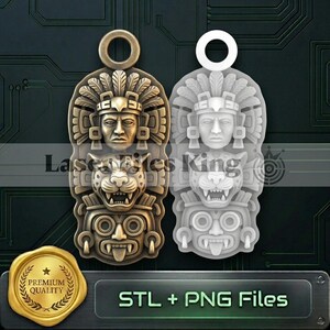 May include: Two pendant designs featuring Aztec-inspired carvings. One is a bronze color, the other is white. Each pendant has a loop at the top for hanging. The designs include a human face, a jaguar, and a mask. The text "STL + PNG Files" is visible.