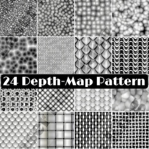 Può includere: Una griglia di 24 motivi di mappa di profondità in scala di grigi. I motivi includono trame come venature del legno, bolle, tessuto a maglia, scaglie e disegni intrecciati. Il testo "24 Depth-Map Pattern" è visualizzato in un banner nero in basso.