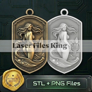 May include: Two shield-shaped pendants featuring a relief of a woman standing in ocean waves with a surfboard. One is bronze-toned, the other white. Both bear the text 'Sun, Sand & Sin' and 'Laser Files King'. Includes a gold seal and 'STL + PNG Files' text.