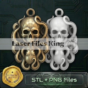 May include: A digital design file featuring two pendant motifs, one in a metallic bronze finish and one in a matte white finish. Each motif depicts a human skull intertwined with octopus tentacles. The text Laser Files King and STL + PNG Files appears.