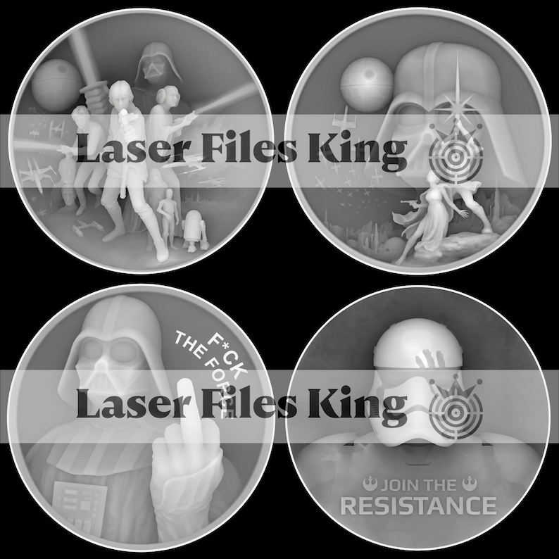 以下が含まれることがあります： スターウォーズをテーマにした4つの円形デザイン。ライトセーバーを持ったキャラクター、ダース・ベイダーとデス・スター、中指を立てるダース・ベイダー、ストームトルーパーが描かれています。「Laser Files King」の文字が入っています。