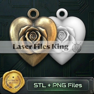 May include: Two heart-shaped pendants with a central rose relief. One pendant has a metallic bronze finish, while the other is a matte white. Each features a circular loop at the top. The text Laser Files King is overlaid across the center.