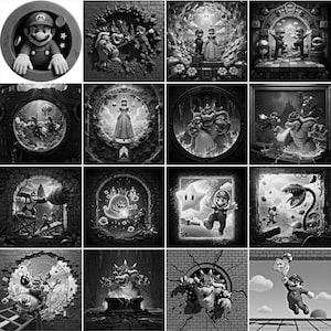 Op de afbeelding: Een verzameling zwart-wit illustraties met personages uit de Super Mario-videogameserie. De afbeeldingen tonen Mario, Princess Peach, Bowser en andere personages in verschillende actiescènes en omgevingen.