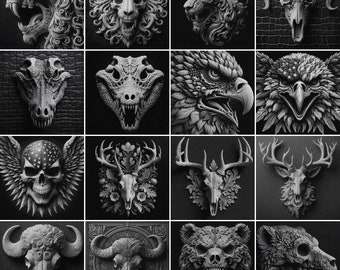 Op de afbeelding: Een collage van 16 zwart-wit afbeeldingen met verschillende dieren schedels en andere dierlijke afbeeldingen. De afbeeldingen zijn gerangschikt in een raster.