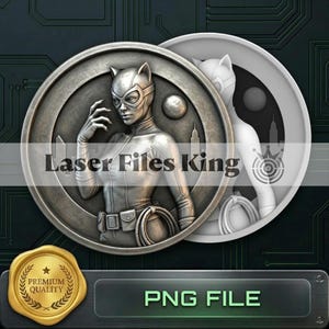 Könnte beinhalten: Eine kreisförmige Metallmedaille mit dem Relief einer Figur in einer katzenartigen Maske und einem Anzug mit einer Peitsche an der Hüfte. Das Design zeigt eine Stadtsilhouette und einen Mond. Der Text Laser Files King und PNG FILE ist zu sehen.