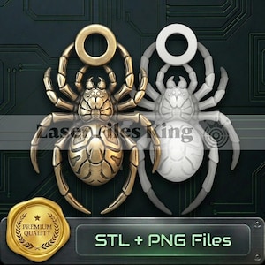 May include: Two spider-shaped designs, one gold and one white, with a ring above each. The gold spider has intricate details. The image includes the text "Laser Files King" and "STL + PNG Files."