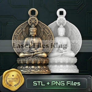 May include: Two detailed Buddha statues, one bronze and one white, are displayed. Each statue is seated in a meditative pose, with intricate designs on the backdrop and base. The image includes the text "STL + PNG Files" and a "Premium Quality" seal.
