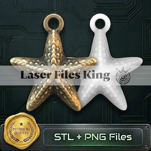 May include: Two starfish-shaped pendants with a loop at the top. One is metallic bronze with a textured surface, and the other is solid white. The text Laser Files King is centered across the image, with a gold seal and STL + PNG Files text below.