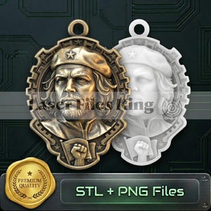 May include: A bronze-colored pendant featuring a detailed relief of a man in a beret, with a star above his head. The pendant includes a raised fist holding a flag. The text "STL + PNG Files" is visible below the pendant.