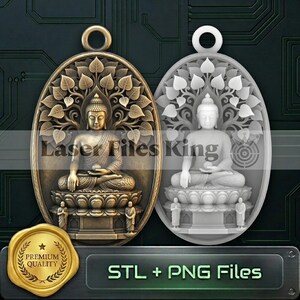 May include: Two oval-shaped pendants featuring a seated Buddha figure. One is bronze-colored with intricate leaf and Buddha details, the other is white. The pendants have a loop at the top for hanging. The text "Laser Files King" is visible.