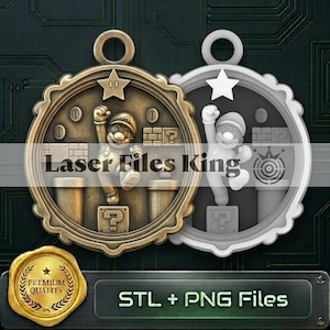 May include: Two circular medallions featuring a relief of a character jumping with a star, coins, and question mark blocks. One medallion is bronze-toned, and the other is white. A gold seal with a star and the text Premium Quality is included.