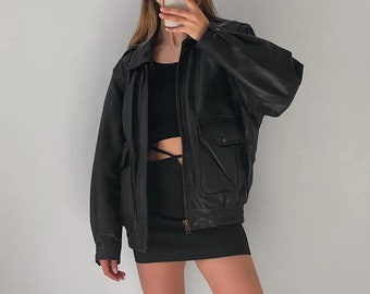 Women Retro Oversized Women Jacket, Vintage Leather Jacket, Drapey Leather Jacket, Classic Leather Jacket, Vintage Baggy Jacket