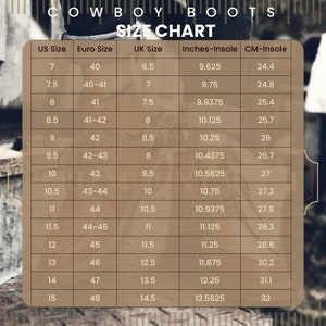May include: A size chart for cowboy boots, showing US, Euro, UK sizes, and corresponding insole measurements in inches and centimeters.
