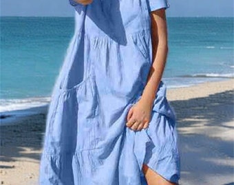 Vestido de mujer de gran tamaño de lino de algodón, vestido de playa de verano, vestido suelto casual de mujer, vestido midi de manga corta, vestido con bolsillos