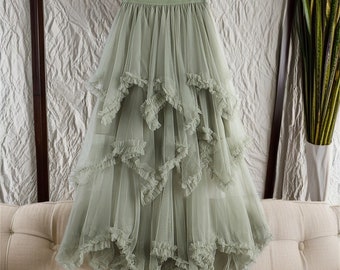 Jupe Green Fairy Tulle, Jupe Renaissance superposée, Jupe de demoiselle d’honneur, Jupe Midi Ruffle Tulle, Jupe gâteau, Cadeau de mode femme pour elle