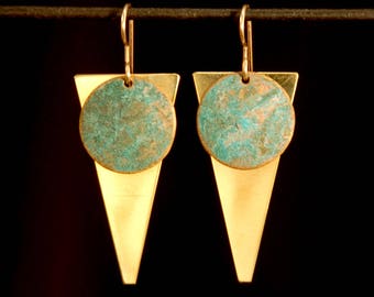 Patinaed earrings - mottled green round on brass inverted triangle