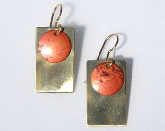 Patinaed brass and copper earrings - Orange Martian disc in brass window