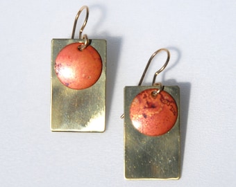 Patinaed brass and copper earrings - Orange Martian disc in brass window