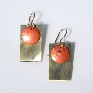 Patinaed brass and copper earrings - Orange Martian disc in brass window