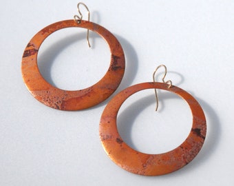 Red-orange-pink variegated copper hoop earrings