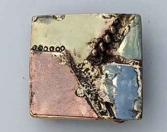 Brass, Copper, Nickel collage belt buckle - vintage, rough finish, square, one of a kind - for 1.75in wide belt