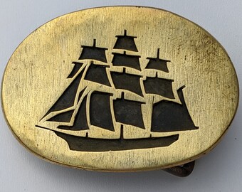 Tallship belt buckle - solid brass, fully rigged ship under full sail 13 sails - for 1.5in belt