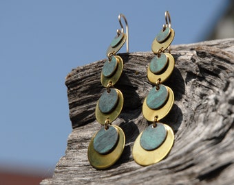 Deco earrings - four tier double-rounds in brass and verdigris blue-green