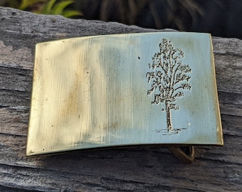 Rectangular etched Paper Birch Tree - belt buckle for 1.75in belt - one of a limited edition of five - solid brass - 1980