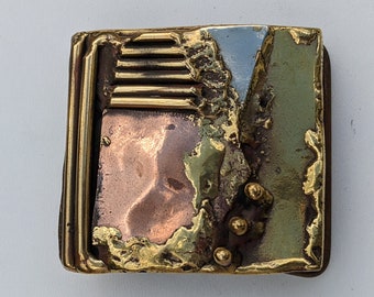 Brass, Copper, Nickel collage belt buckle - vintage, rough finish, square, one of a kind - for 1.75in wide belt