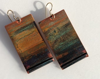 Jasper Ocean - foldformed and patinaed dark honey brown and deep blue copper earrings