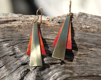 Red heat-colored copper and polished brass earrings