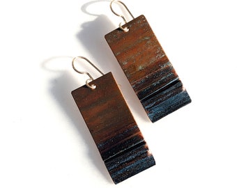 Copper Ocean - foldformed and patinaed dark honey brown and deep blue copper earrings