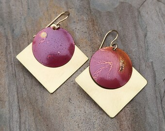 Red heat-colored copper and polished brass earrings