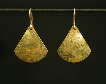 Patinaed earrings - green mottled fan shapes