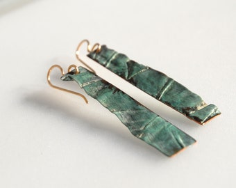 Leaves of Grass - white blue-green patinaed long creaseformed copper earrings