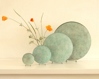 Round vases - white blue-green patina on brass