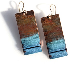 Ground Fog - foldformed and patinaed brown and blue copper earrings