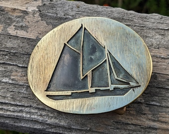 Sailboat belt buckle - hand-cut brass - two-masted gaff-rig schooner with fisherman's staysail